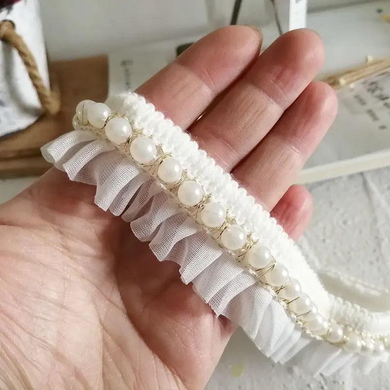 

Белая плиссированная шифоновая ткань с бисером, кружевные аксессуары, одежда ручной работы «сделай сам», блестящая отделка для юбки, платья