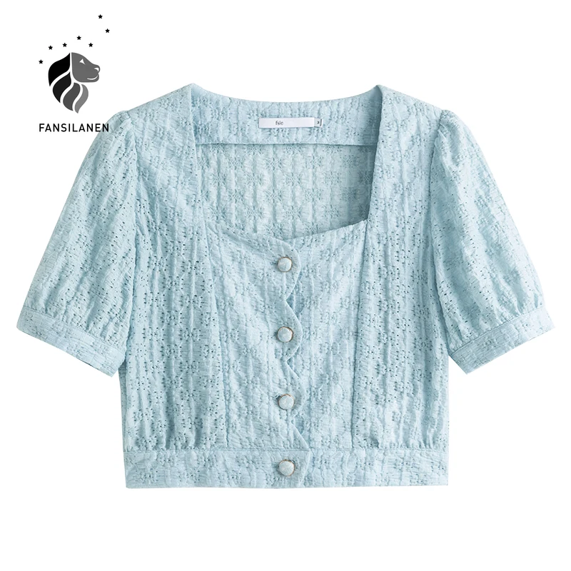 

FANSILANEN Office Lady French Square Collar Shirt Women's New Summer 2021 Short Sleeve Blue Puff Sleeve Tops Dropshipping