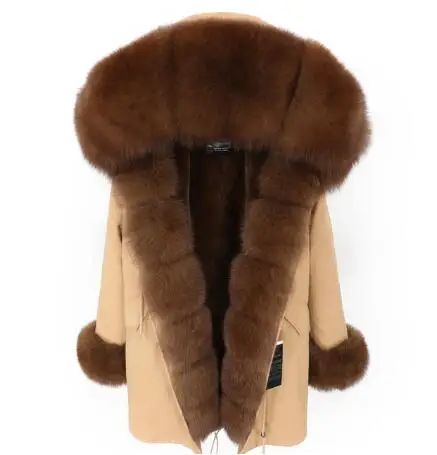 Khaki brown Брендовая длинная шуба из натурального Лисьего меха со съемным воротником, женские зимние куртки, толстая теплая меховая парка, пальто из натурального меха - Цвет: Khaki brown