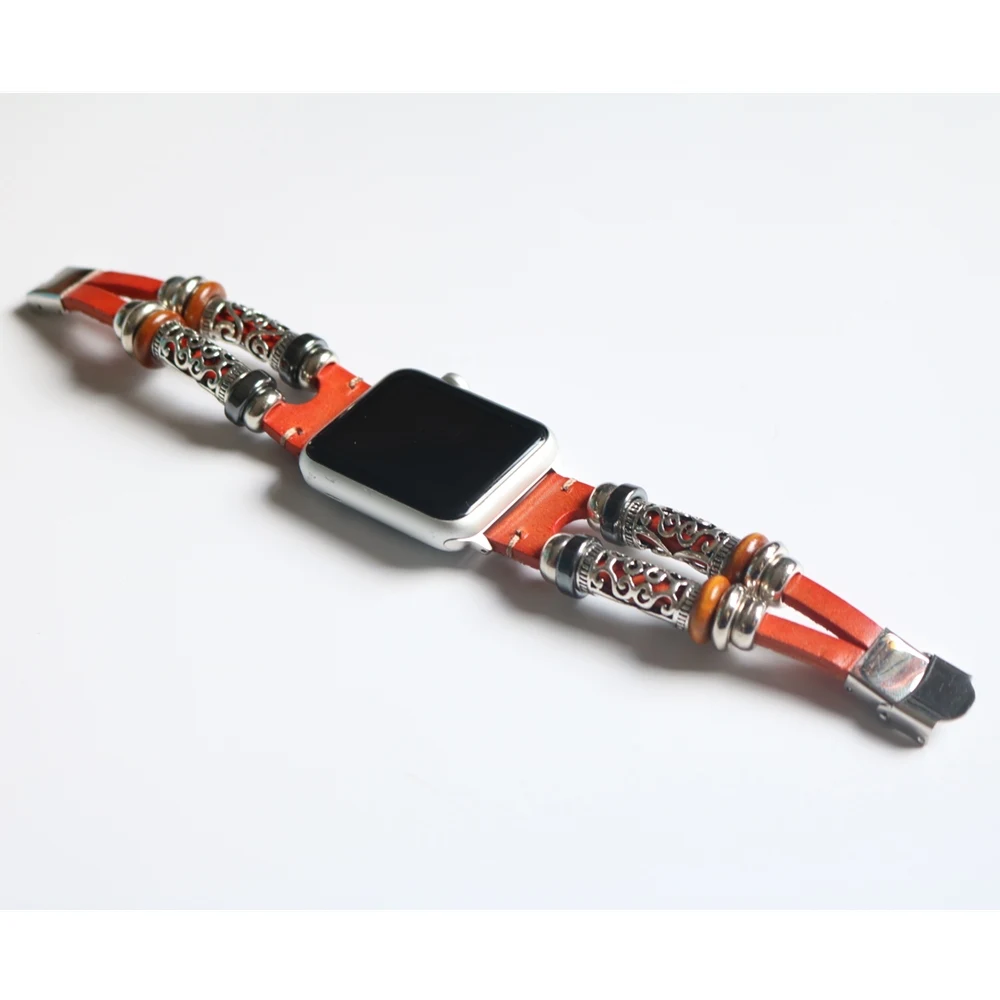 For Apple Watch Series 5 4 3 2 Band Handmade Beads Retro Leather Bracelet Strap for iWatch 40mm 44mm 38mm42mm Wristband Belt