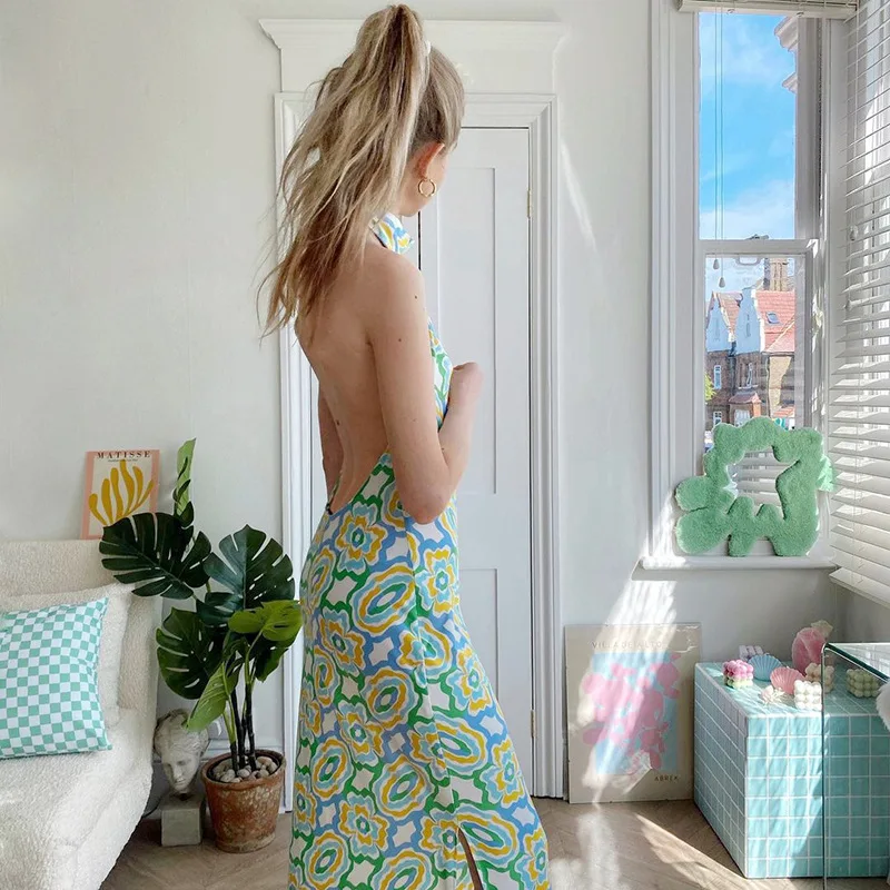 

Summer Print Dress Women Green Beach Sleeveless Backless Sundress Sexy Off Shoulder Vintage Split Halter Neck Maxi Holiday Dress