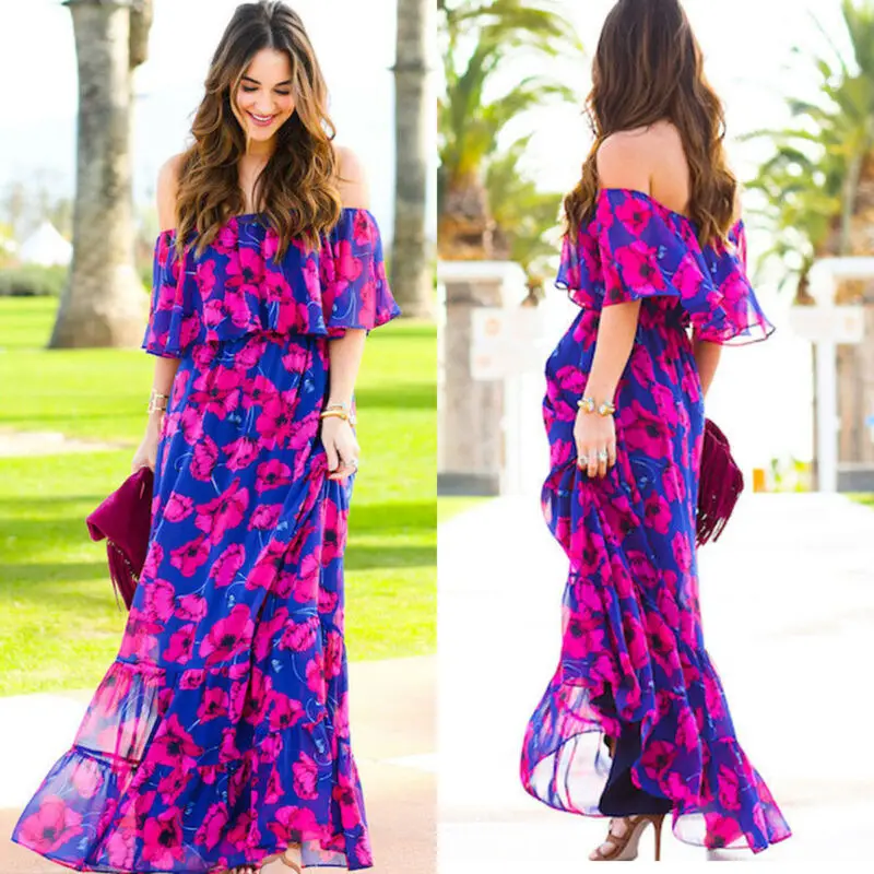 Женское летнее платье в стиле бохо с цветочным принтом открытыми плечами вырезом