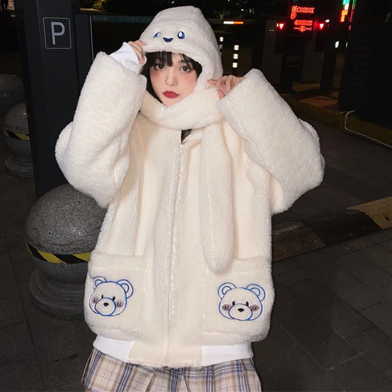 

Lamb Wool Plus Velvet Thick Winter Hoodie Female Japane Preppy Style Bear Cartoon Embroidery Zipper Cardigan Harajuku Outerwear