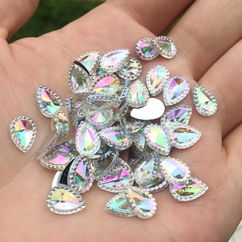 100 шт./лот 7*10 мм белый цвет AB в форме капли воды с плоской задней частью со стразами