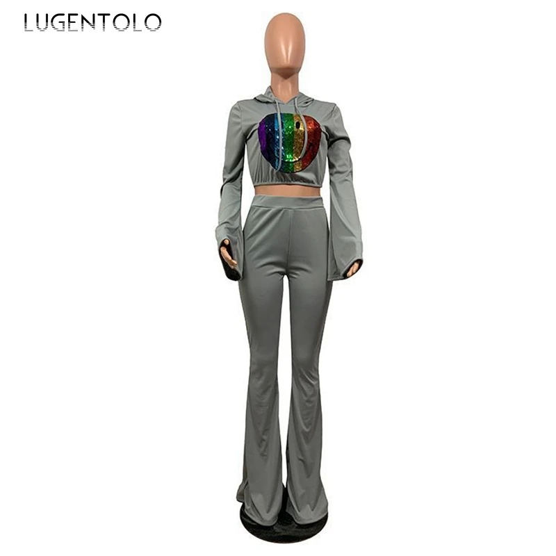 

Lugentolo Autumn Women's Sexy Two Piece Set Hooded Casual Flared Smiley Face Print Solid Long-Sleeve Female Fashion Sets
