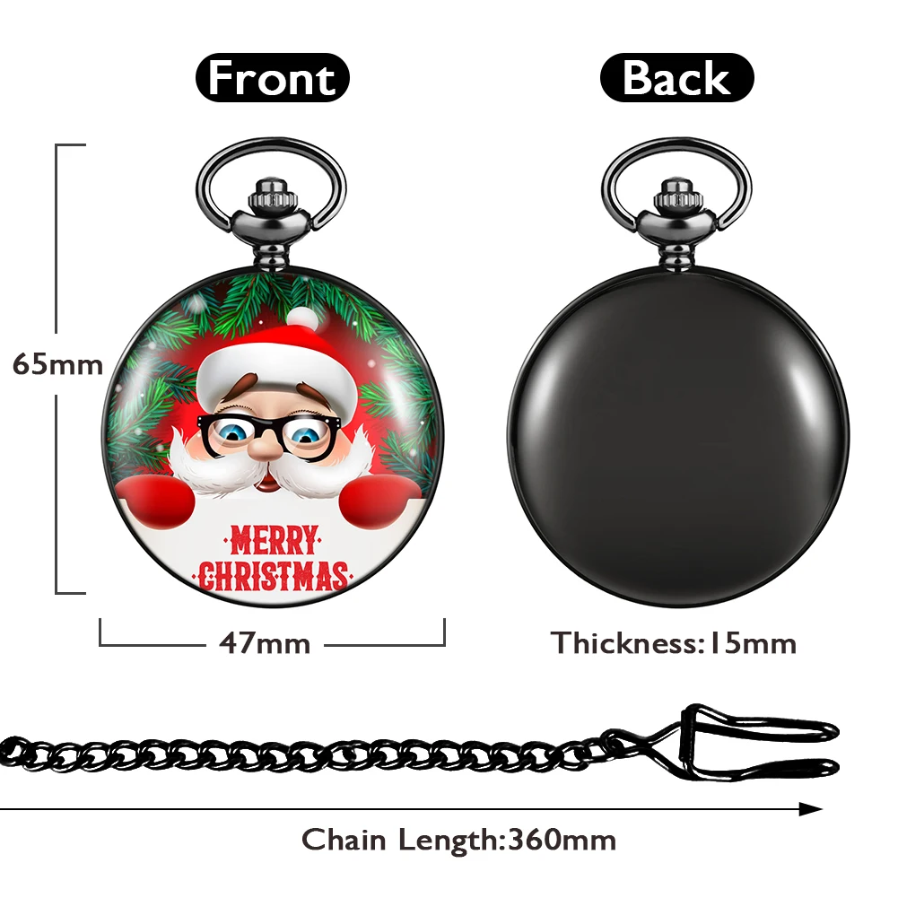 Pocket Watch Suit Santa Claus Quartz Black Pendant Clock Arabic Numerals Dial Necklace Alloy Necklace Gifts Box for Son Kid