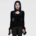 Женская футболка с длинным рукавом PUNKRAVE, Готическая бархатная футболка-бандо с асимметричным подолом и цветочным принтом для выступлений на сцене