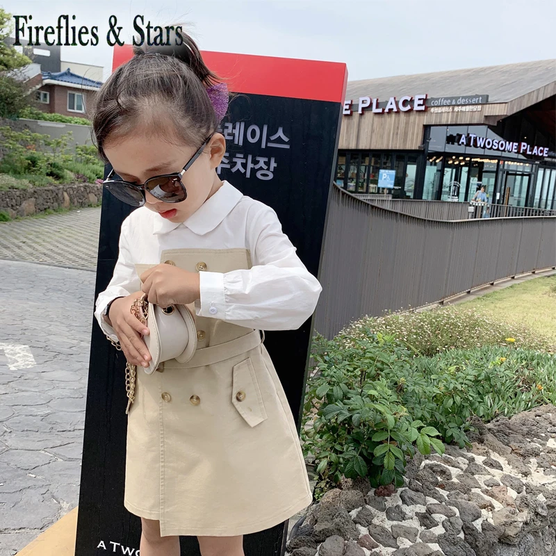 Spring Autumn girls blouse dress Baby kids brand clothes Children vestidos fake two waistband double breasted 3 to 8 yrs | Детская