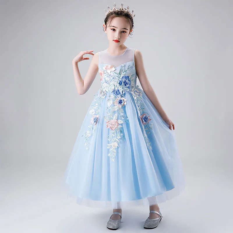 

Cute Ankle-length Embroidery Flower Girls Performance Show Dress Kids Toddler Sleeveless Birthday Party Wedding Sundresses 5-12Y