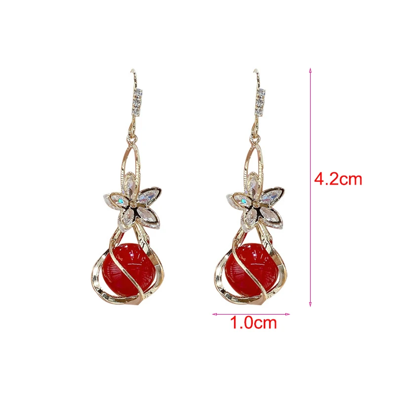 

Trendy Red Simulation Pearl Long Earring Female Flowers Round Pearl Wedding Pendant Earrings Fashion Korean Jewelry Earring