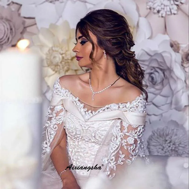 

New Muslim Wedding Dresses Applique Off Shoulder Train Dubai Arabic Wedding Gown Bridal Dress Vestido De Noiva