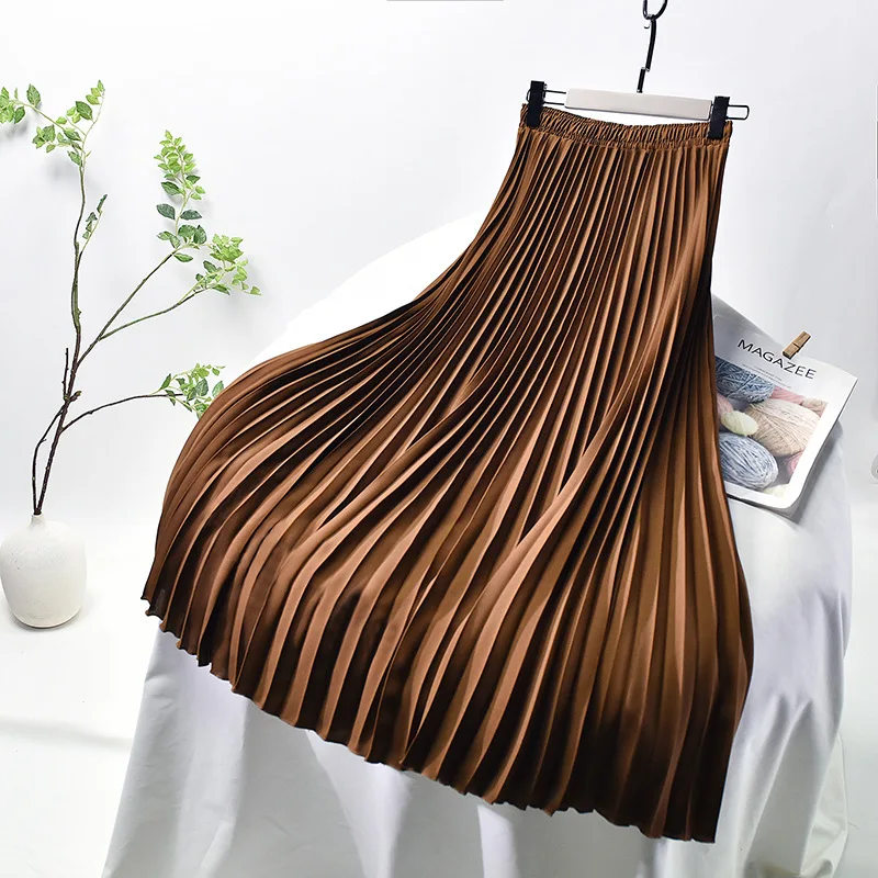 

New Korean solid long, large pleated skirt, high waist skirt, half skirt, women's elastic waist skirt in spring 2021