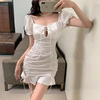 summer new sexy chest hollow out bandage tie fold tight waist bag hip fishtail bubble sleeve dress white dress woman dress 2021