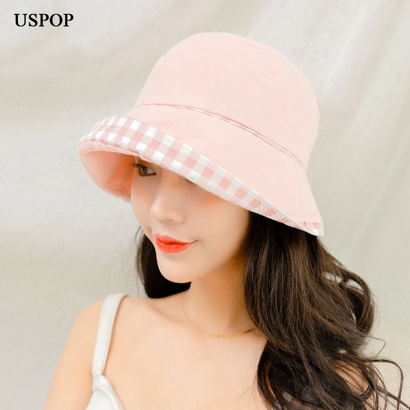 USPOP 2020 Newest women bucket hats summer cotton sun dome top patchwork plaid | Аксессуары для одежды