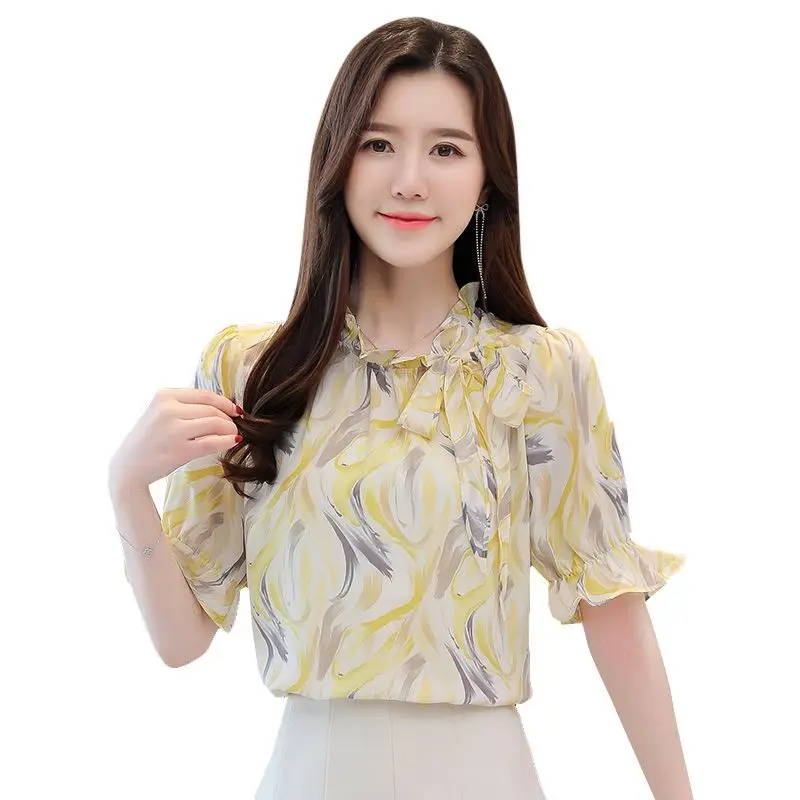 Женские шифоновые блузки весна лето в стиле пэчворк с круглым вырезом и коротким