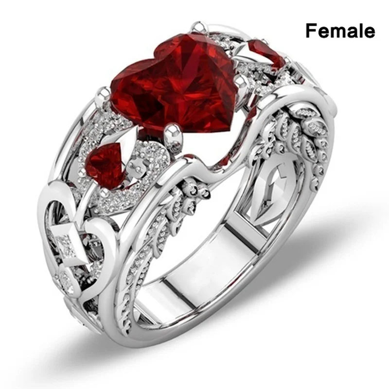 

Classic Fashion Red Blue Heart Love Hollow Carved Zircon Crystal Silver Color Female Ring for Women Party Jewelry Accessories