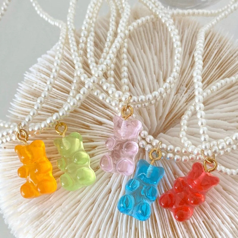 

Trendy Fashion Creative Resin Bear Shape Pendant Simple and Cute Imitation Pearl Beaded Necklace Women's Party Jewelry Accessory