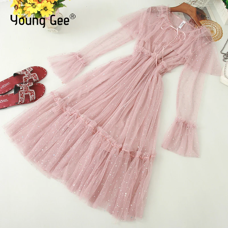 

Young Gee Mesh Lace Dress with Sling Chic Streetwear Casual High Waist Stars Sequined Puff Bow Collar Party Midi Elegant Dresses