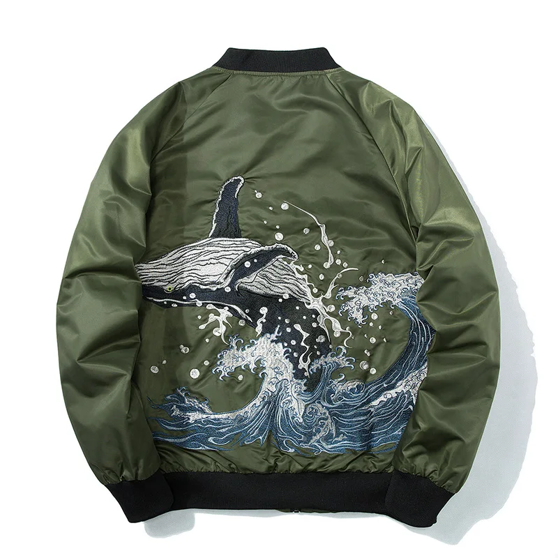 Chaqueta Bomber bordada de ballena para hombre, MA1 algodón acolchado de abrigo grueso, abrigos de béisbol de gran tamaño, chaquetas japonesas de invierno, Sukajan