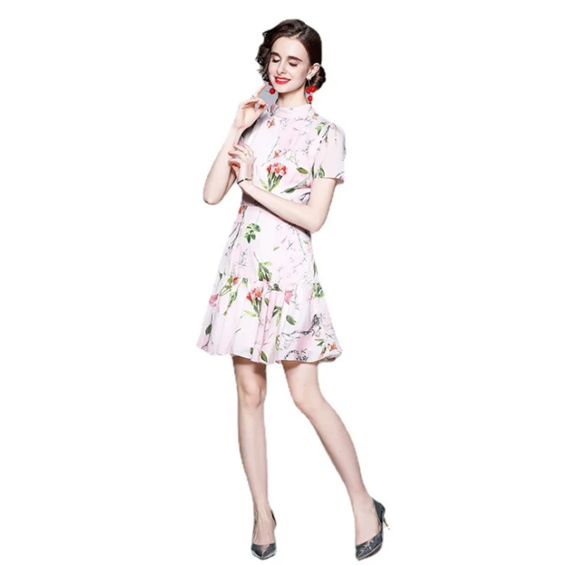 

2021 Summer New Style Fashion Slim Waist Short-Sleeved Floral Dress Women's Short Lotus Leaf Skirt