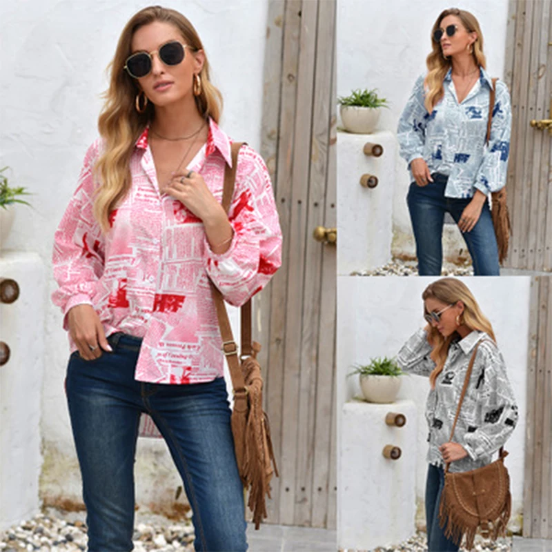 

2021 Spring Women Long Sleeve Letter Printed Tshirts Women Autumn Button Design TShirt Female Casual Style Plus Size Stand Tops