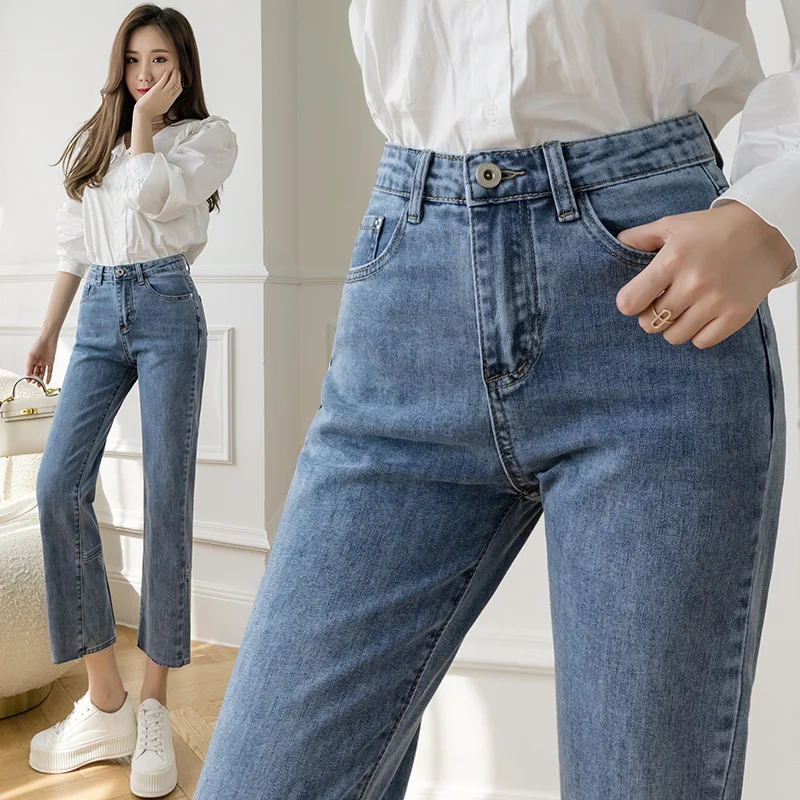 

Женские прямые джинсы, весна 2021, стройнящие узкие брюки в Корейском стиле, брюки с высокой талией