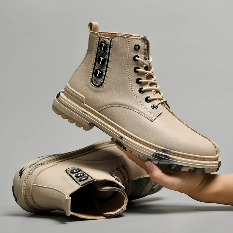 

Men's Tooling Shoes Fashion Leather Breathable High-top Shoes Rubber Platform Casual Martin Shoes British Men Lace-Up Shoes