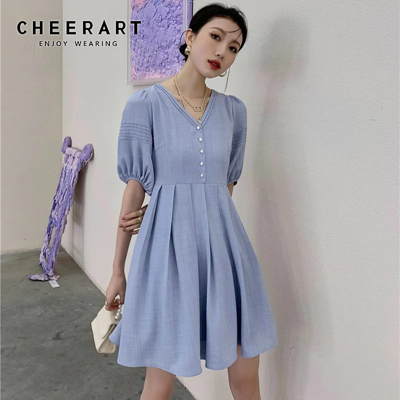 

Летнее платье-трапеция CHEERART с рукавами-фонариками, повседневное Плиссированное Платье До Колена с бантом, женская модная одежда в Корейско...