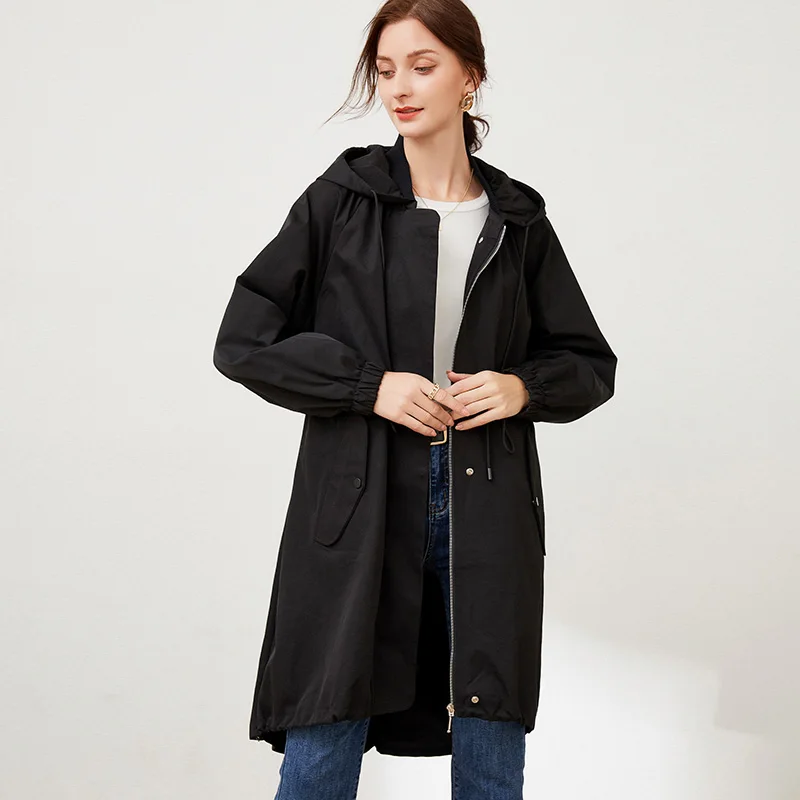 

Plus Size Womens Casual Hooded Trench Coat Loose Fashion Autumn New Long Sleeve Temperament Commuter Contrast Color High Quality
