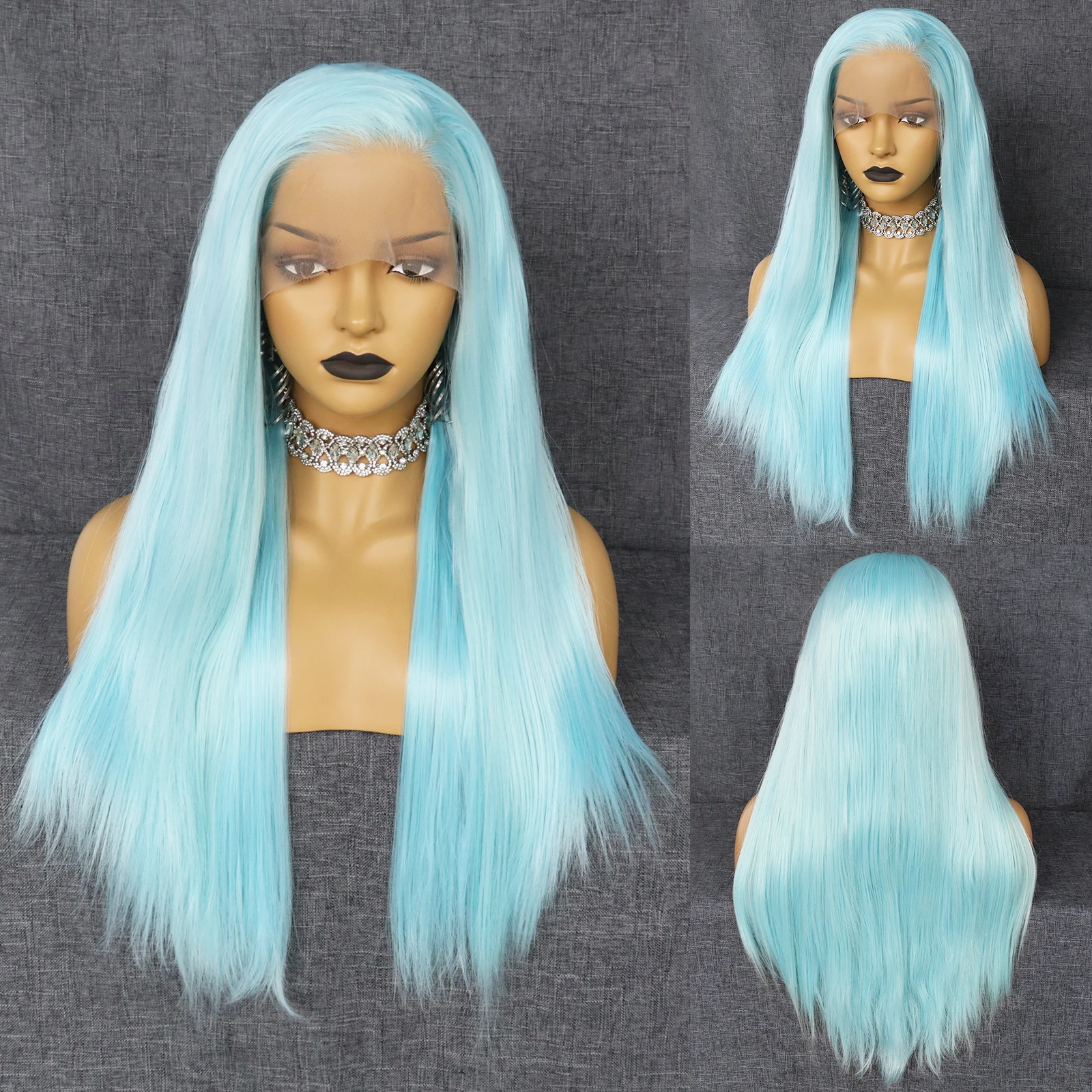 JONETING 26inch 13x2.5 Lace Front Wigs Blue Straight Long Hair Free Part Lace Wig Heat Resistant Synthetic Cosplay Wig for Women