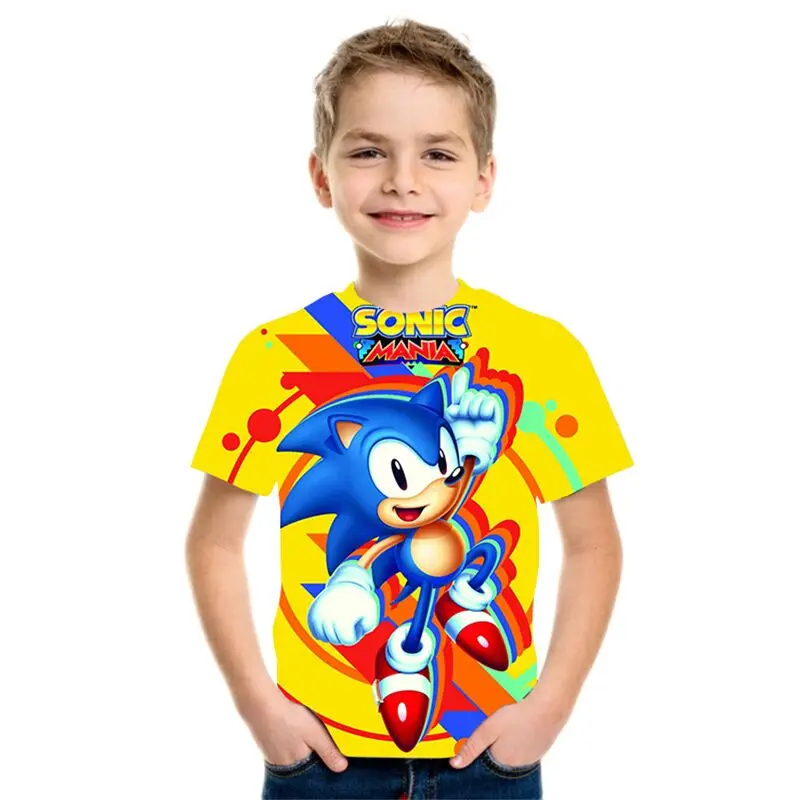 

Children boys and girls quick-drying polyester T-shirt, O-neck short-sleeved 3D hedgehog blue anime fashion T-shirt