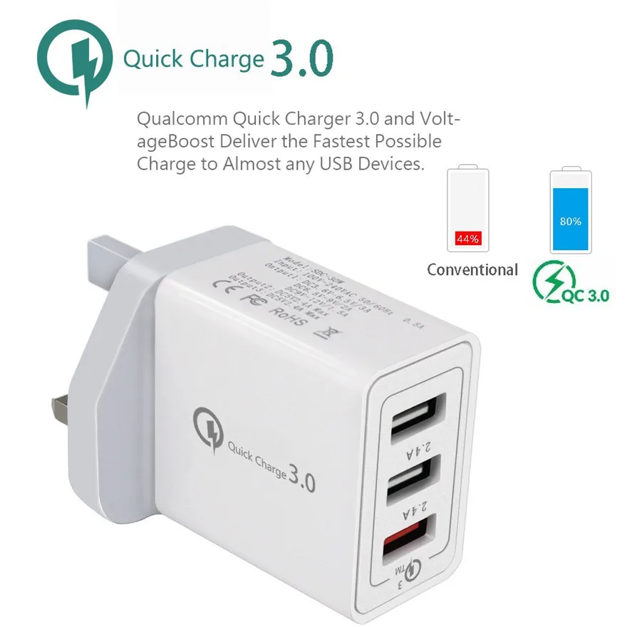 Высококачественное складное зарядное устройство QC3.0 с американской вилкой, 3 порта, быстрое зарядное устройство QC 3,0, 30 Вт, USB, быстрая зарядка для iphone, samsung, huawei, Xiaomi