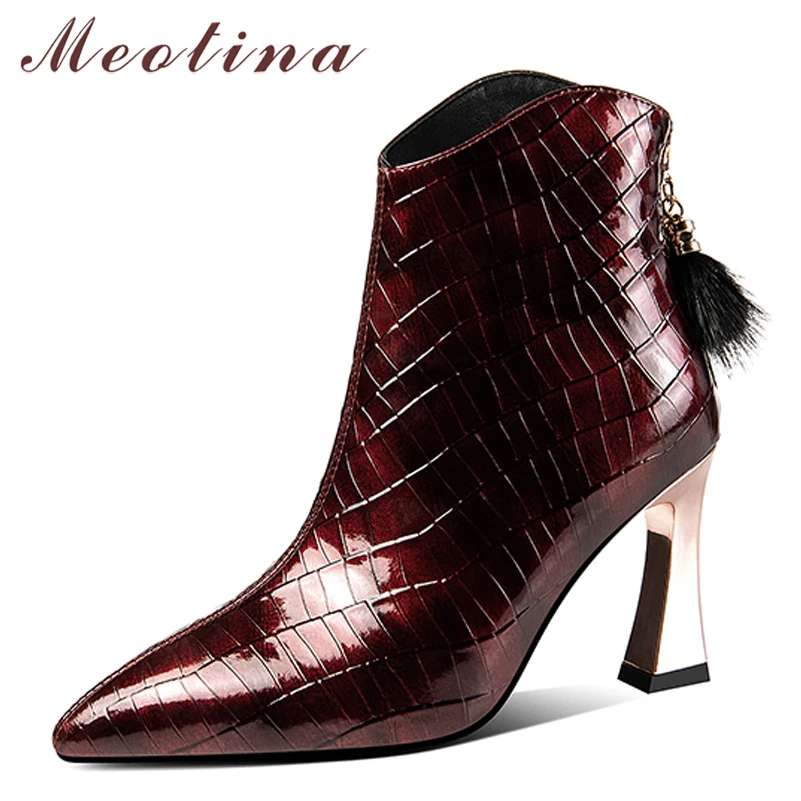 

Meotina Women Patent Leather Ankle Boots Pointed Toe Zipper Shoes Thick High Heel Short Boots Autumn Winter Big Size 46 Wine Red