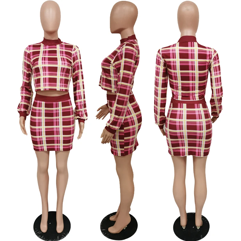 

ZKYZWX Sexy Plaid Print Two Piece Set for Women Fall Clothes Long Sleeve Crop Top and Skirt Lounge Wear Outfits Matching Sets