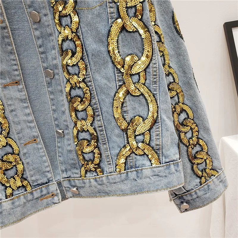 

High Street Women Loose Fit Batwing Sleeve Denim Jacket Sequined Chain Designer Kpop Female Coat BF Style Casual Tops Outerwear