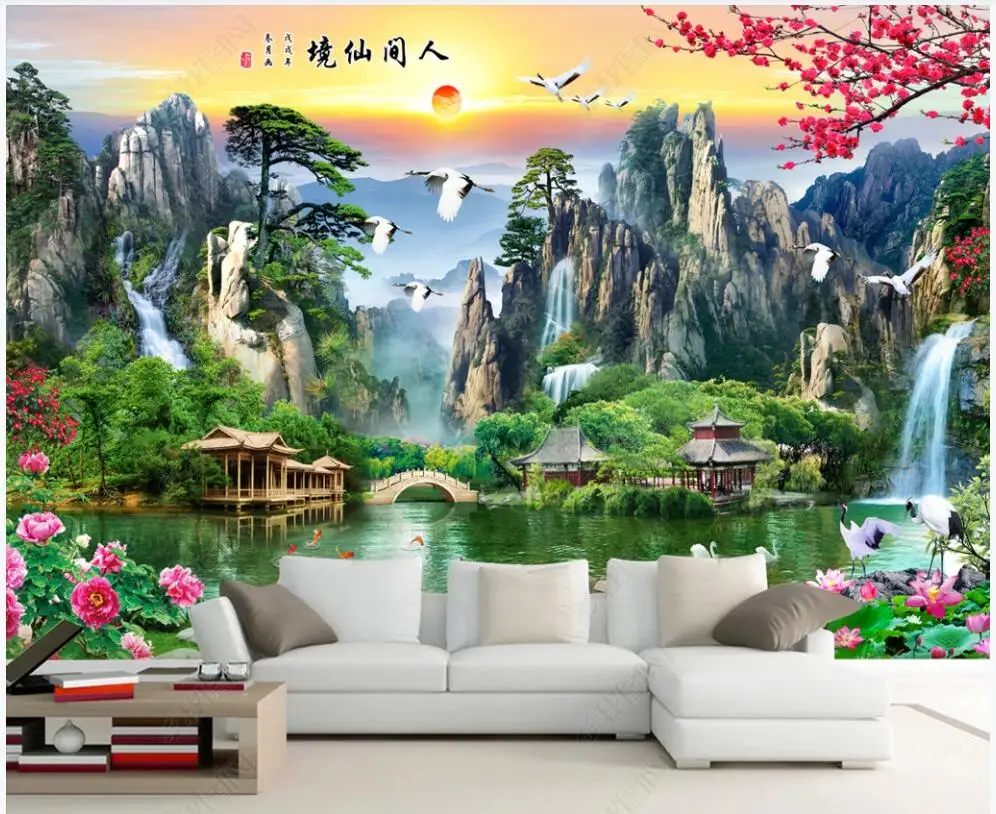 

Пользовательские фото 3d обои в китайском стиле горного озера и цветы декорации домашний Декор 3d настенные фрески обои для стен 3 d