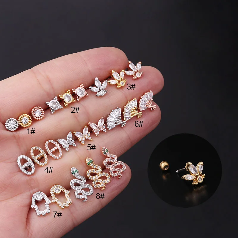 

1Piece 20G Stainless Steel Piercing Stud Earrings for Women 2021 Trend Jewelry Zircon Snake Butterfly Fan Earrings for Teens