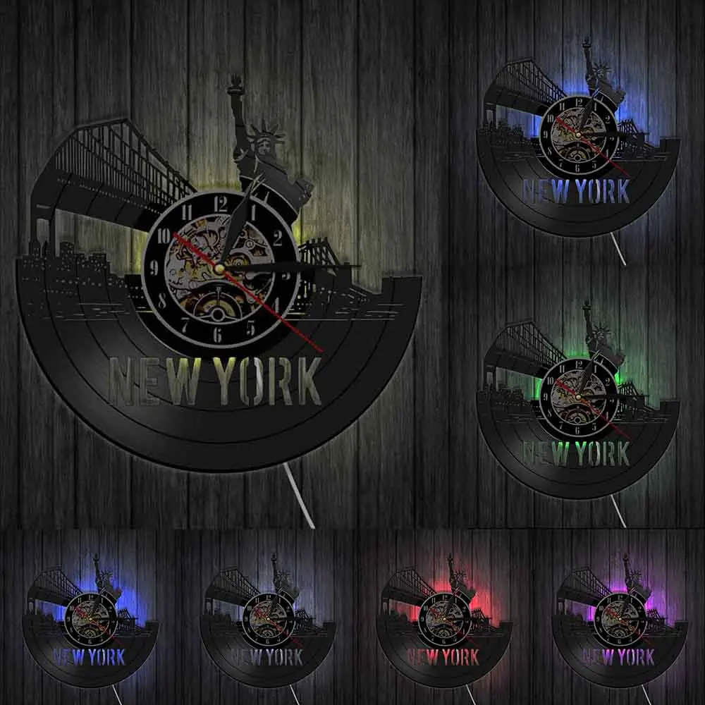 

New York Cityscape Contemporary Exclusive Wall Clock Wall Decor NYC Skyline Vinyl Record Wall Clock Watches Unique Travel Gifts