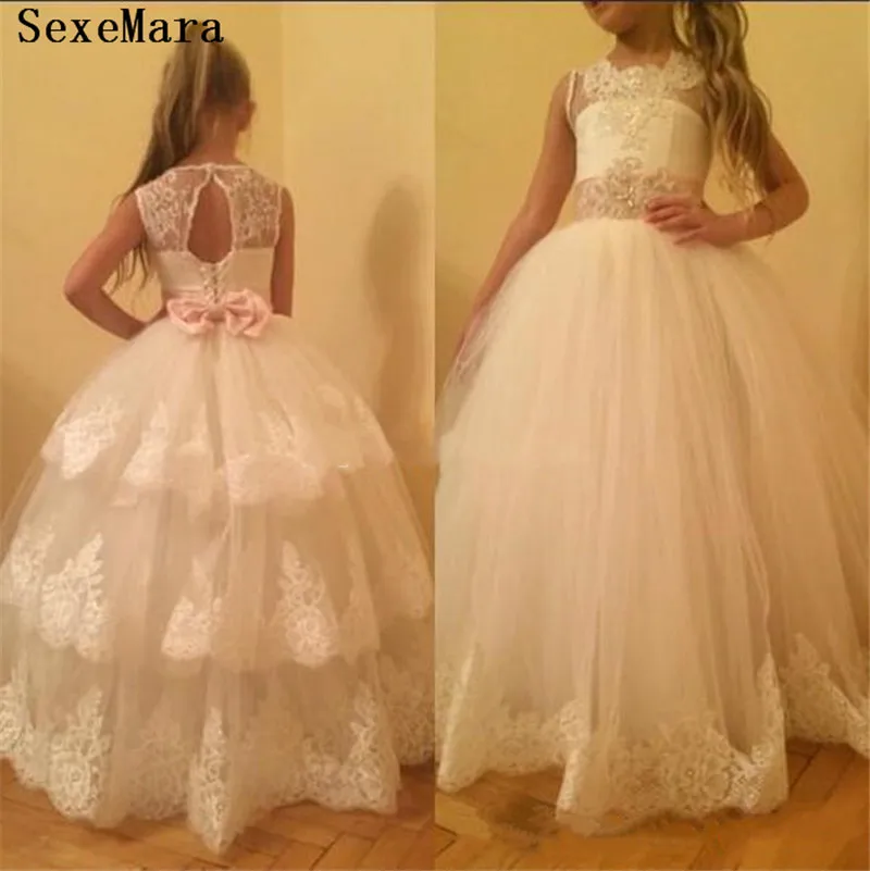 Кружевное платье цвета слоновой кости с аппликацией и цветами для девочек