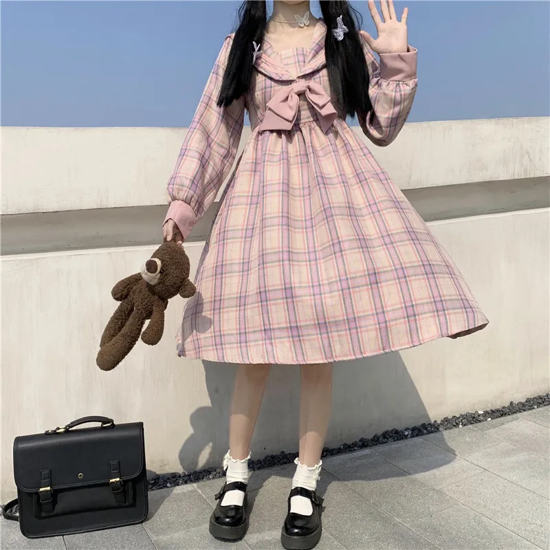 

Sweet Kawaii College Style Lolita Dress Soft Girl Bow Full Sleeve Peter Pan Collar Cute Ruffles Dress Woman Pink Autumn Dress