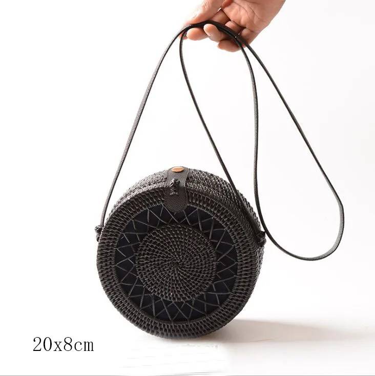 black D 20X8cm Солнечный пляж, ручные тканые сумки, круглая сумка с пряжкой, Ротанговые соломенные сумки, ранец, богемная пляжная круглая сумка - Цвет: black D 20X8cm