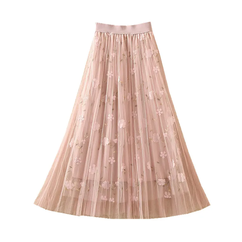 

mesh skirt women's mid length in autumn and winter high waist A-line embroidered pleated fairy skirt lace skirt
