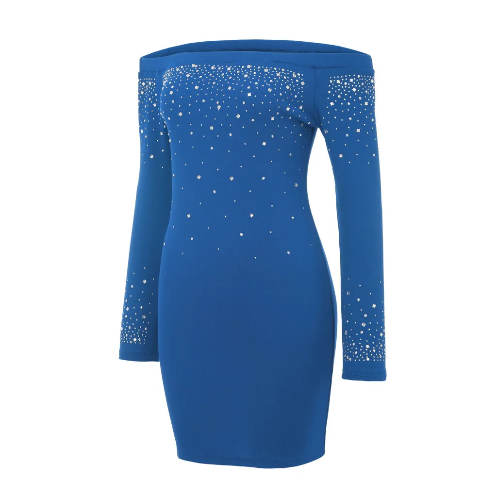 Сексуальное платье с открытыми плечами, вечерние платье Для женщин Bodycon осеннее платье с длинными рукавами ярких блестящее платье сплошной цвет Горячая Дрель платья Vestido Robe Femme - Цвет: Синий