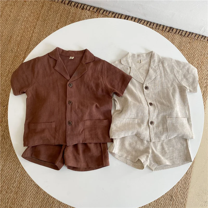 

Korean Style Unisex Kids Clothes Set Boys and Girls Cotton Linen Short Sleeve T Shirts and Shorts 2pcs Suit