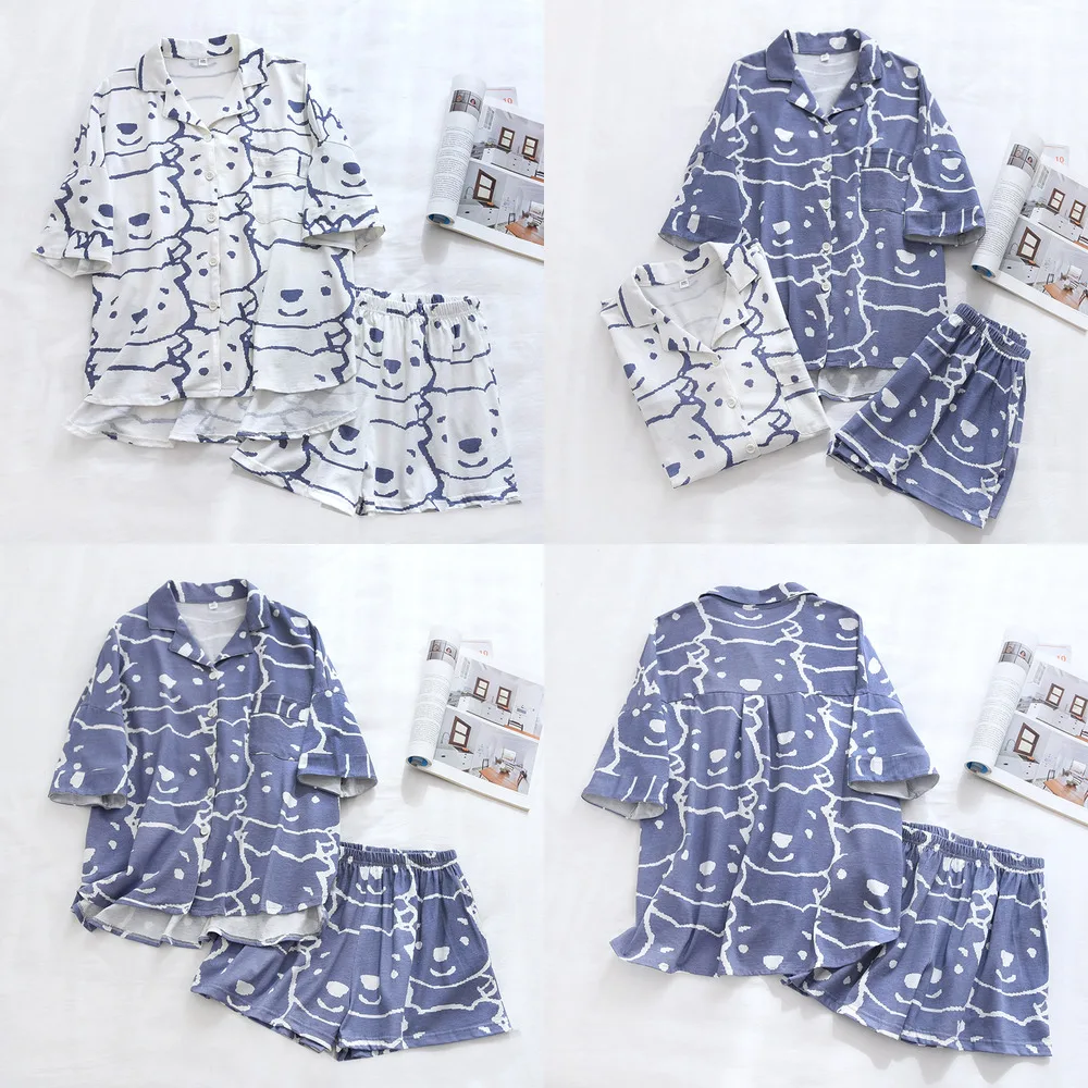 

Summer New Style 100% Pure Cotton Ladies Short-sleeved Shorts Pajamas Set Cartoon Bear Comic Style Home Service Two-piece Set