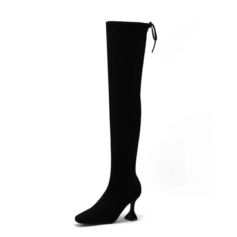 

Women's Wineglass with Solid Color Winter Lace-up Over-the-knee High Boots Women Mid-heel Stitching Square Toe Fashion Boots
