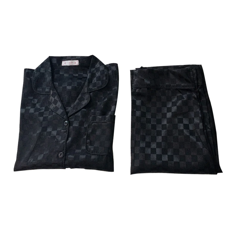 

2021 New Pajamas Spring / Summer Sleepwear Autumn Ice Silk Long Sleeve Trousers Suit women's nightwear White plaid Pyjamas Set