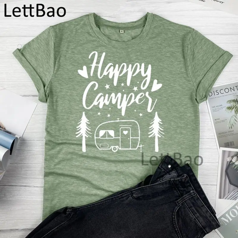 

Happy Camper Aesthetic Print T-shirts Kawaii Korean Style Harajuku Vogue Casual Streetwear Tops Women Short Sleeve Tops T-Shirt