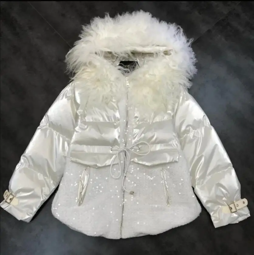 Женское Стеганое пальто с блестками свободная парка капюшоном и воротником из