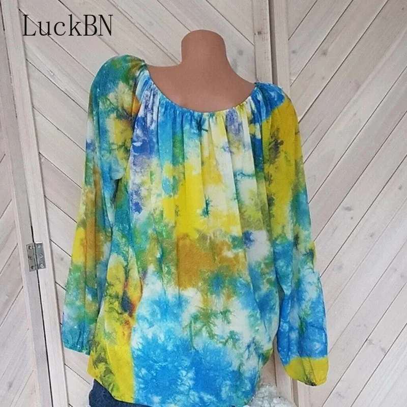 

Plus Size 5XL Top Women Blouses Casual Beach Long Sleeve Loose Shirt Summer Blusa Blue Ink Print Blouse V Neck Womens Clothing